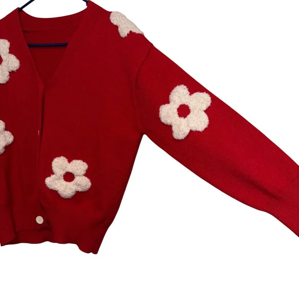 Red Button-Up Cardigan With White 3D Floral Design By Cider Long Sleeves Size M - Picture 3 of 6
